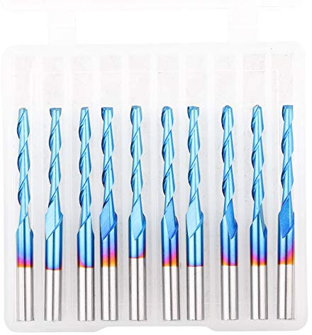 2 Flute Router Bit, 10Pcs Blue Coated Spherical Nose Spiral Drill Ball Flat End Mill Bit Milling Cutter for 3D Carving