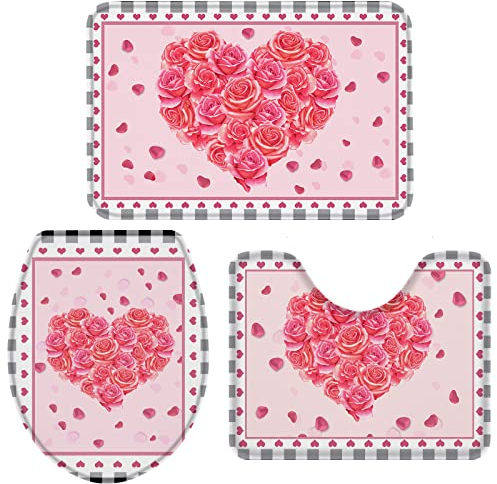 Set 3 Teilig Badvorleger Romantische Rosa Rosen In Gittern Anti-Rutsch Bade-Matte+Kontur+Wc-Deckelabdeckung Weiche Küchentürteppich Für Wohnzimmer Wc-Sitz Bezug Dusche