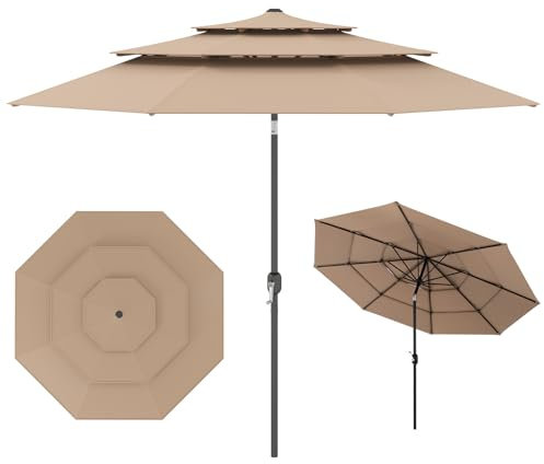 RELAX4LIFE Parasol Droit Inclinable 3M avec Toit Triplé, Parasol de Jardin Extérieur 3M avec Manivelle, 8 Baleines, Protection Solaire, Facile à Monter pour Balcon Teasse Patio (Café)