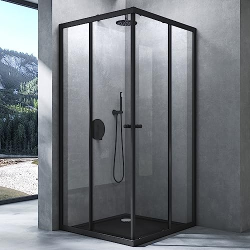 Mai & Mai cabine de douche noir avec receveur 70x70cm paroi de douche deux portes coulissantes verre trempé transparent avec revêtement nano easy clean RAV16K