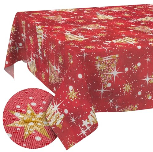 ANRO Tischdecke abwaschbar Weihnachtsmotiv Beige rund Ø 140 cm Tischwäsche | waschbar bei 30 °C – ideal für Garten, Terrasse & Esszimmer – Gartentischdecke wetterfest