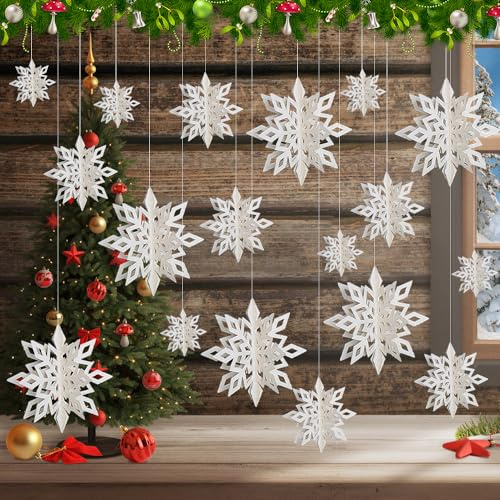 Udbrud 18 Stück Schneeflocken Weihnachten Deko, Schneeflocken Deko Hängende Ornamente Christbaumschmuck Schneeflocke Anhänger für weihnachtliche Fensterdekoration, Türen, VIT
