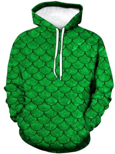 WHNBCW Novelty Fish Scale Hoodie Funny Striped Graphic Sweatshirt,Green,XL