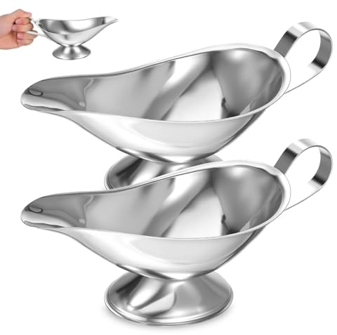 Set of 2 Stainless Steel Gravy Boats, 10oz / 280ml Sauce Jugs for Wedding Dinner Table, Sunday Roasts, Cream & Custard