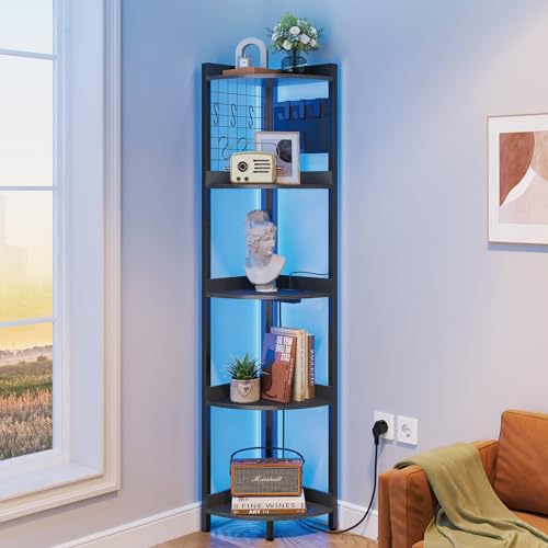 Dripex Eckregal 5 Ebenen mit LED Beleuchtung, 170 cm Hoch Standregal mit Steckdosen, Eck Bücherregal, Aufbewahrungsregal für Wohnzimmer, Schlafzimmer, Büro, Industriestil, Schwarz