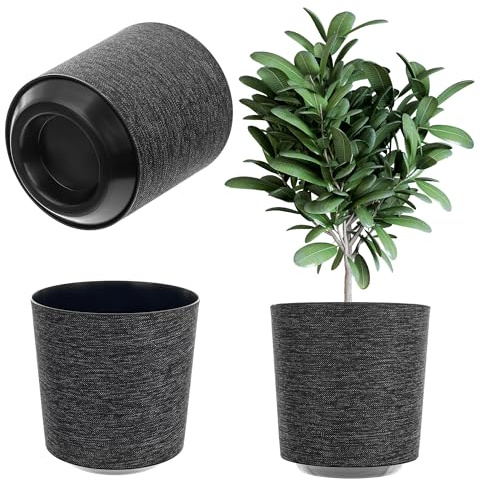 KADAX Dekorativer Übertopf, Runder Pflanztopf, Blumentopf aus Kunststoff, Pflanzentopf für Anbau von Pflanzen, Kräutertopf für Innen und Außenbereich (Schwarz, 19cm)