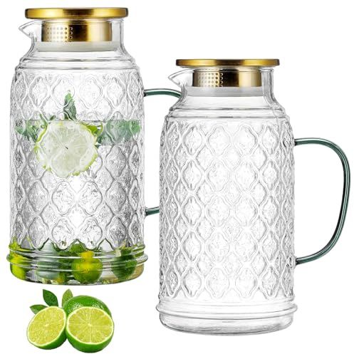 Buaic Lot de 2 pichets en verre avec couvercle - 2,5 l - Carafe à eau vintage en verre borosilicate transparent pour infusion à froid, café, limonade, thé glacé, boisson - Pichet en verre d'eau