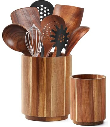Sameme Küchenutensilienhalter aus Akazienholz, 360° drehbar, 18,5 cm + 14,5 cm, großer Kochutensilienhalter, Küchenutensilienhalter für Arbeitsplatte, Bauernhaus-Küchendekoration, Pfannenhalter,