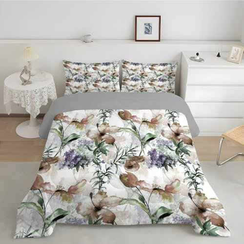 Linfye 4 Jahreszeiten Bettdecke 220x240 Graue Blume Gesteppte Decke für Ganzjahreszeiten Winter, Steppdecke für Allergiker Zudecke Schlafdecke Duvet 135x200cm mit 2 Kissenbezug 80x80cm