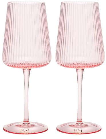 Paris Hilton Juego de copas de vino acanaladas, elegante cristalería estriada, perfecta para vino tinto o vino blanco, juego de 2, 18 onzas, rosa