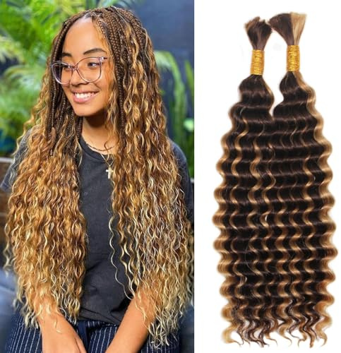 Ainimiu Lot de 2 extensions de cheveux humains ondulés de 45,7 cm - 100 g - Cheveux humains ondulés en vrac - Pour tresses bohème - P4/27