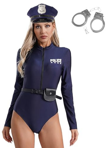 Agoky Damen Polizei Kostüm Polizistin Uniform Langarm Body mit Polizeihut Gürtel Tasche Handschellen Halloween Party Cosplay Outfits Navy blau 4XL