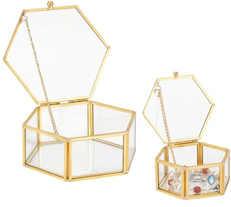 PH PandaHall Schmuckkästchen aus Glas in 2 Größen, sechseckig, Vintage-Stil, goldene Box, geometrische dekorative Box, Schmuck-Organizer-Box für Frauen, Aufbewahrung, Ring, Ohrringe, Schmucktruhe,