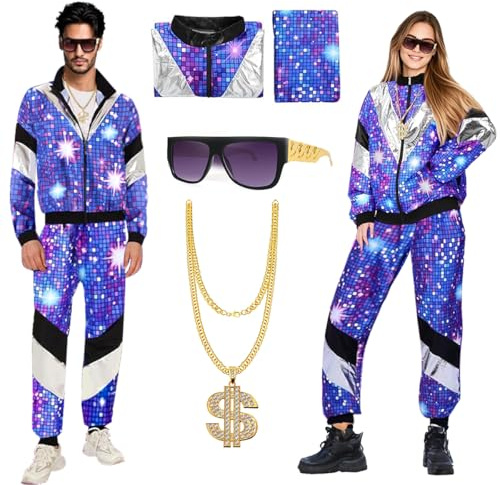 80s 90s Outfit Herren Damen, 80s 90s Kostüm Trainingsanzug mit Jacke, Hose, Halsketten und Brille, Retro Style Jogginganzug Unisex, 80er Jahre Disco Kostüm, Bad Taste Outfit für Karneval Halloween