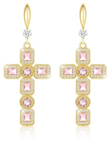 Linawe Kreuz Ohrringe Hängend, Damenohrringe in Silber und Gold, Modeschmuck Ohrringe, Kristall Strasssteine Moissanite Kreuz Anhänger Ohrhänger, Geburtsstein Ohrringe Set