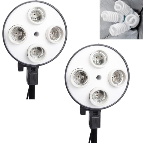 BOLLUMA 2 Packs E27 Lamp Holder with Light Stand Mount Umbrella Holder, Photography Studio Swivel Socket for Lamp Bulb Light Stand, Four Lamp Holder