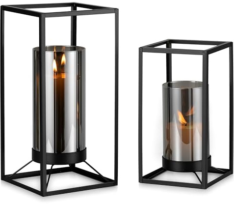 Staymoment Laterne Deko Kerzenständer Schwarz: 2er Set Windlicht Aschgrau Wohnzimmer Badezimmer Deko modern Tischdeko Kerzenhalter Stumpenkerzen