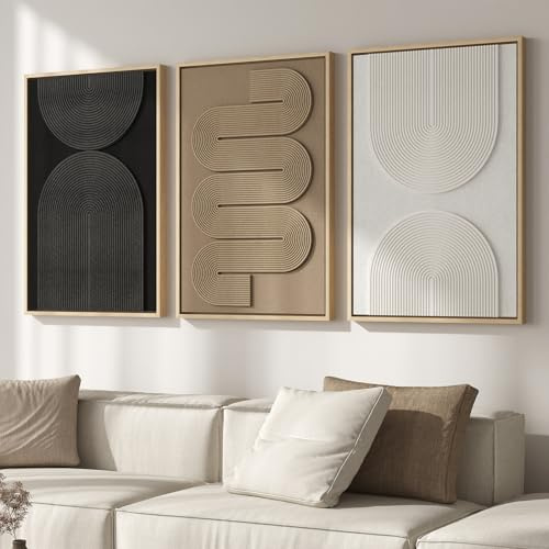 Große 3D-strukturierte gerahmte Boho-neutrale, abstrakte Wandkunst für Wohnzimmer, 3-teilig, moderne Gemälde, Kunstwerk für Wände, Schwarz-Weiß-Braun, minimalistische geometrische Bilder für Flur