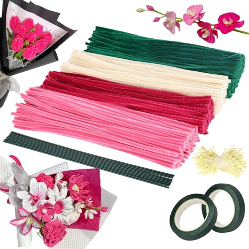 bssmmai 400 Stück Pfeifenreiniger Blumen, Tulpe Pfeifenputzer Blumen, Pfeifenreiniger Rosa Set mit 400 Blütenkerne, Pfeifenputzer zum Basteln, Pfeifenreiniger zum Basteln, Pfeifenreiniger Blumen Set