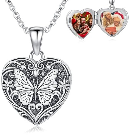 Shusukue Medallón de plata de ley 925 para mujer con forma de corazón, para abrir fotos, cadena de 45 – 50 cm, regalo para San Valentín y Día de la Madre para mujeres, 45.7 cm, Plata esterlina, No es