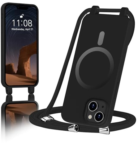 ColasGalys für Handyhülle iPhone 13 mit Band Magnetisch Kompatibel mit Mag Safe für handykette iPhone 13 Hülle mit Band TPU Silikon Case Kratzfest Sternenschwarz