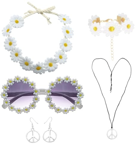 FUIPVGI 6 Stücke Hippie 60er 70er Kostüm Zubehör Set, Gänseblümchen Blumen Stirnband Vintage Rund Brille Friedenszeichen Halskette und Ohrringe Armband, Verkleidung Hippie Party Zubehör