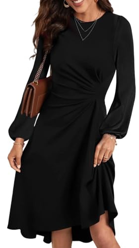 HUXRAKV Wedding Guest Dress for Women Chic Pleated Waist Swing A-Linie Prom Dress Elegant Long Sleeve Winter Evening Party Cocktail Dresses,42-Black,L