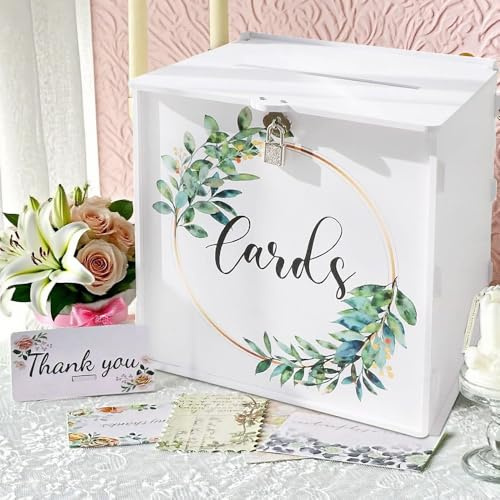 RNPKZ White Wedding Card Box, 25.5X26X21CM PVC Money Envelope Card Box with Lock & Slot, Wreath Pattern Wedding Post Box for Weddings Reception Anniversary Party Graduation Birthday Baby Shower Decor