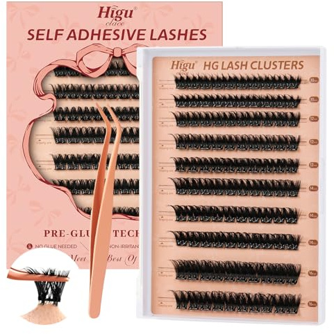Higu clace Pre-Glued Eyelashes No Glue Needed Self Adhesive Lashes (DENSE) | D Curl Pre-Glued Lashes Kit with Tweezers, Press On Lashes Easy to use, Best for Travel, Wedding, Daily Makeup