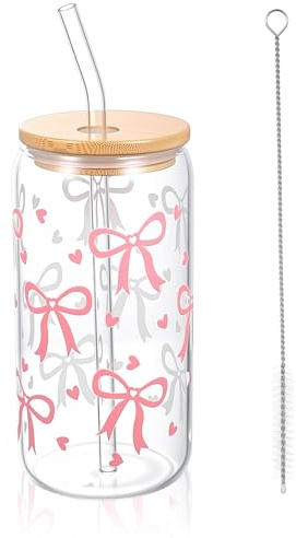 BJBJJIU Vaso Cristal con Tapa y Pajita, 16 oz Vaso de Vidrio con Tapa y Pajita, Lazo Rosa Vasos de Cristal con Tapas para café helado para té de burbujas, agua, cócteles, regalos