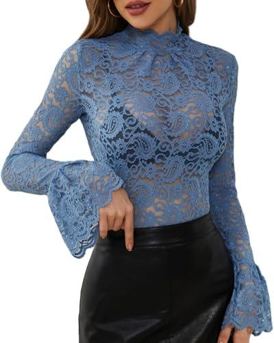 Chemisier Femme Chic et Élégante Blouse Dentelle Tee Shirt à Col Rond Montant Manches Longues Casual Tops Hauts Transparents,Bleu,M