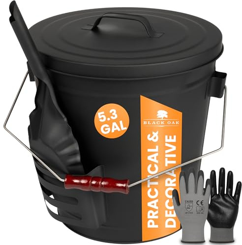 BLACK OAK Ash Bucket Stromboli 5.3 GAL –Black with lid, Shovel & Gloves –Silver Handle –Large 20L, Fireproof Galvanized Steel & Powder-Coated, ash & Coal, Fireplace, Tiled Stove, Wood-Burning Stove