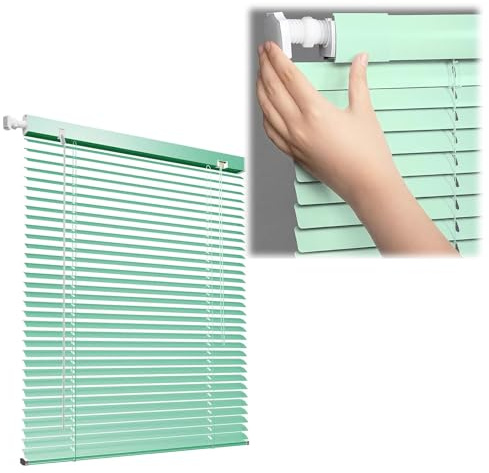 2.5cm Slat Aluminum Venetian Blinds, Bathroom Blinds No Drilling, Kitchen Blinds for Windows, Horizontal Venetian Window Shades, Cordless Darkening Blind for Indoor Windows(Green)