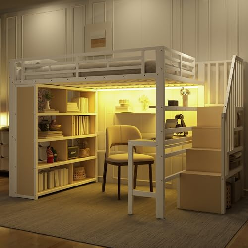 Merax Hochbett 140x200cm, Stabile Metallbett mit Treppe & Rausfallschutz, Multifunktionales Kinderhochbett mit Schreibtisch, LED, Ablagefach, Treppenkonstruktionen mit Stauraum, ohne Matratze, Weiß