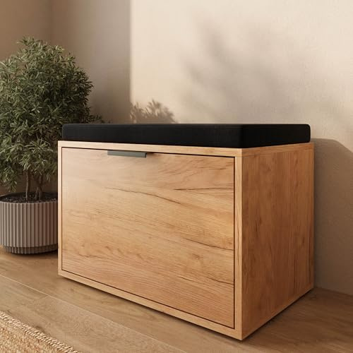 Planetmöbel Elyo Schuhbank mit Sitzfläche | Sitzbank mit Stauraum, Schuhschrank mit 2 Fächern für Diele, Flur, Garderobe, 61 x 36,6 x 38 cm, Gold Eiche
