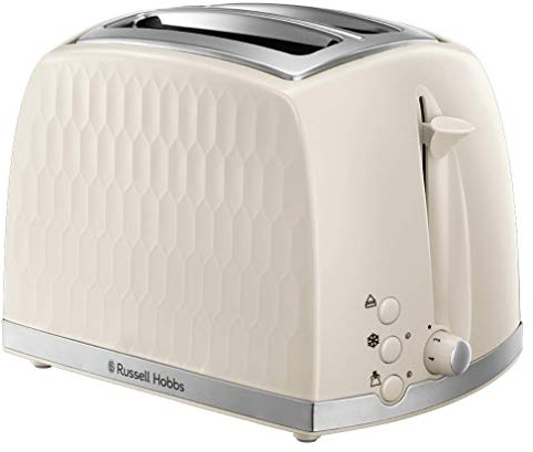 Russell Hobbs 26062 2 Slice Toaster, Contemporary Honeycomb Design with Extra Wide Slots and High Lift Feature, Cream