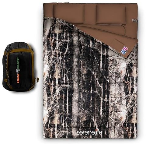 SereneLife Double Sleeping Bag for Adults & Teens - Lightweight Waterproof Camping Bed with 2 Detachable Pillows, Warm Soft Insulated for Hiking, Backpacking, Camping & Outdoor Travel