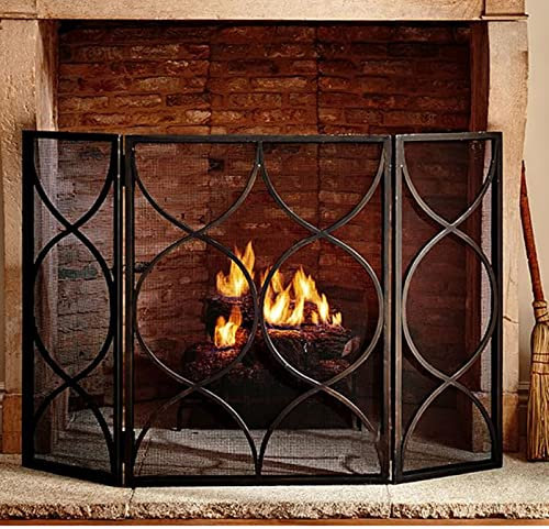MMQGQ store Funkenschutz 3-Panel-stahlgitter-Kamin-Bildschirm, Einfache Metall-Feuer-funken-Guard-Gitter Für Wohnzimmer Wohnkultur, Schwarze Rustikale Abgenutzte Finish, 49.08 × 33.01inch