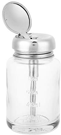 Tiiyee Nail Polish Remover Pump Bottle Dispenser 80ml, Refillable Glass Acetone Container Pump with Lockable Stainless Steel Cap Travel Friendly Leakproof Design for Makeup Liquids