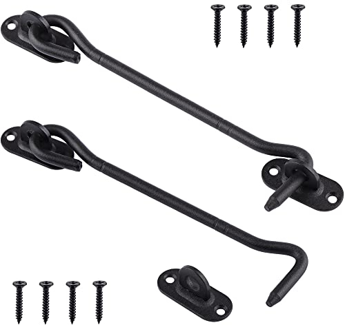 Tahbarshi 2 Pcs Stainless Steel Cabin Hook, Heavy Duty 8 Inch (200mm) Black Gate Hook and Eye Latch, Sliding Barn Door Latch Lock, Door Catch Hook for Cabinet Window Shed Garden Fence