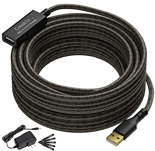 Active USB Extension Cable 50 Feet, USB 2.0 A Male to Female Cord (from 2ft to 150ft for Selection), with an Extension Chipset Signal Booster, 22AWG Tinned Pure Copper, (AC Power Supply Included)