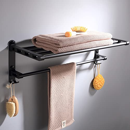 60 cm Matt Schwarz Handtuchregal, Wandmontage Handtuchhalter Bad Wand, Badetuchhalter mit Haken, Badezimmerzubehör aus Aluminiumlegierung