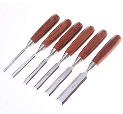 6 Pezzi Set di Scalpelli per Legno, Scalpello per Intaglio del Legno con Bordo Smussato, Set di Scalpelli per Legno in Acciaio al Cromo Vanadio con Manico in Legno per Lavorazione Professionale del