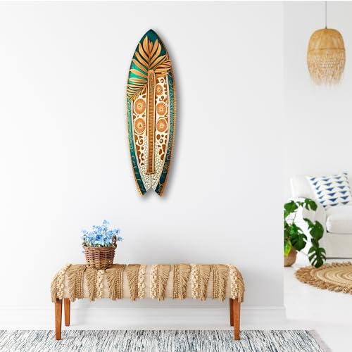 DECLINA, Wanddekoration, Surfbrett, Surf-Dekor, Aluminiumdruck, Dekoratives Surfbrett mit Verzierungen und goldenen Blättern, 39,37x11,81 Zoll (100x30 cm)