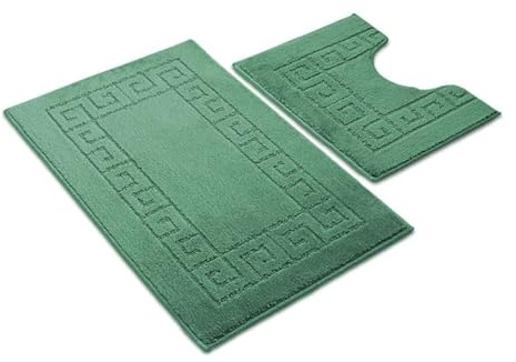 Paradise Products Greek Style Bath Mat Set 2-Piece Non-Slip Bathroom Mats, Shower Mat & Pedestal Mat Soft Washable Quick-Dry Bath Mats for Bathroom Floor Anti-Mould Bath Rug Set (Green)