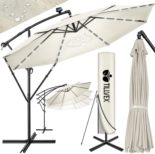 tillvex Ombrellone da Giardino LED Solar Ø 350 cm con manovella, couverture et parevent | Ombrellone con interruttore on/off e base | Materiale Alluminio con protezione UV - impermeabile