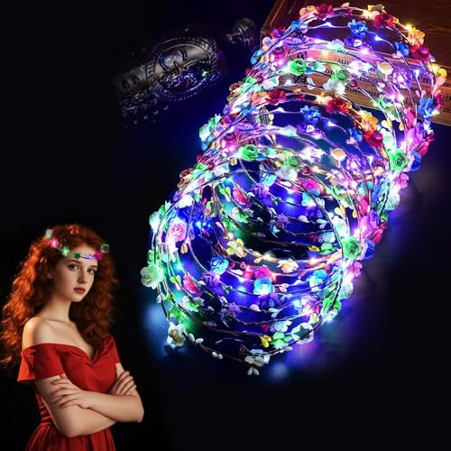 HuaMuDM 16 Pcs LED BlumenHaarband,Haarkranz Leuchtend | Leucht Tiara Haarschmuck,LEDstirnband Mädchen,Leuchtende Blumenkronen,Weihnachten,Neujahr,Party,Karneval,Hochzeitsdekoration