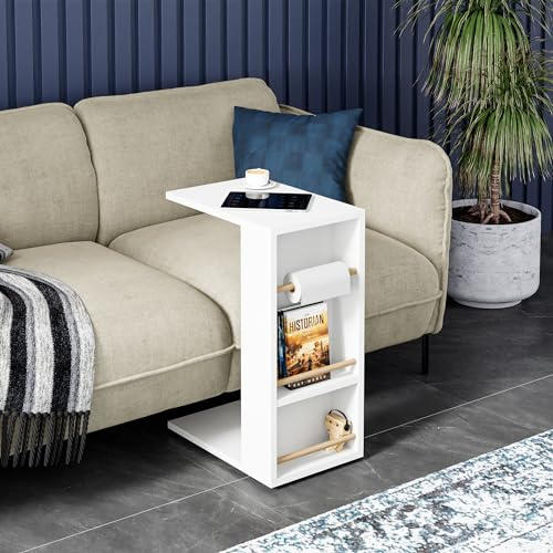 [en.casa] Beistelltisch Siikainen Laptoptisch mit waagerechten Streben 65 x 44 x 29 cm Rolltisch C-Form Wohnzimmertisch rechteckig Ablagetisch Weiß