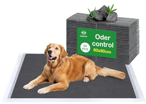 Flying Paws Welpen-Trainingsunterlagen XL, 50 Stück mit Aktivkohle, 60×90cm | Hochsaugende, auslaufsichere Pipimatten mit Geruchsbindung, geeignet für Hundeboxen, Böden, Sofas und Autositze