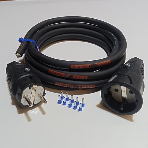 Bausatz Verlängerungskabel H07RN-F Set Titanex-Gummikabel 3x2,5mm² (1,5m-50m) + PCE-Stecker + PCE-Kupplung + 10 Aderendhülsen DIY (15 Meter)